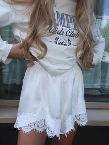 Mini Summer Lace Satin Shorts Lace Trim Casual Shorts For Women Beach Daily Wear - 白色 - 查看 3