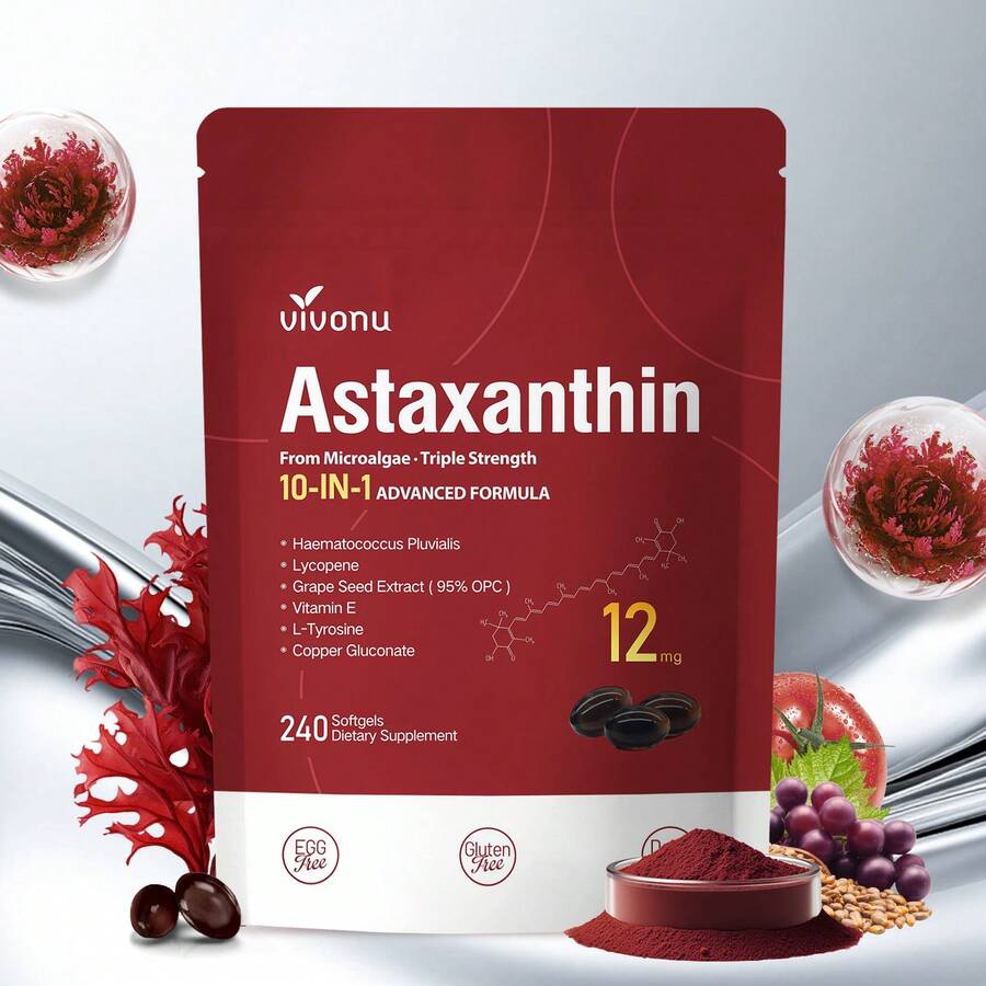 VivoNu Astaxanthin 12mg, 240 Softgel Capsules, Fresh Rain Red Algae, 10 In 1 Astaxanthin Antioxidant Supplement, Containing Lycopene, Grape Seeds, Vitamin E, Etc., Supporting Eye, Joint, And Skin Health, 1 Bag - 1袋 - 查看 1