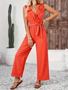 Mono De Pierna Ancha Ribete Con Fruncido Para Mujer,Mono Sin Mangas De Color Sólido Con Cinturón - Naranja Coral - Ver 4