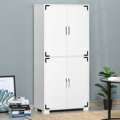  HOMCOM Farmhouse Kitchen Pantry Storage Cabinet With 4 Doors, Kitchen Cabinet With Shelves, White