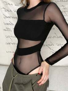 性感透视网纱连体衣上装，修身撞色长袖圆领连体衣 - 黑色 - 查看 6