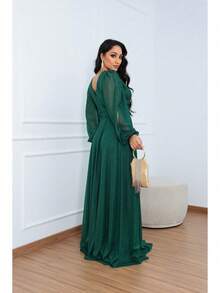 Women's Long Aurora Tulle Dress With Shiny Long Sleeves - 深奧莉薇綠 - 查看 5