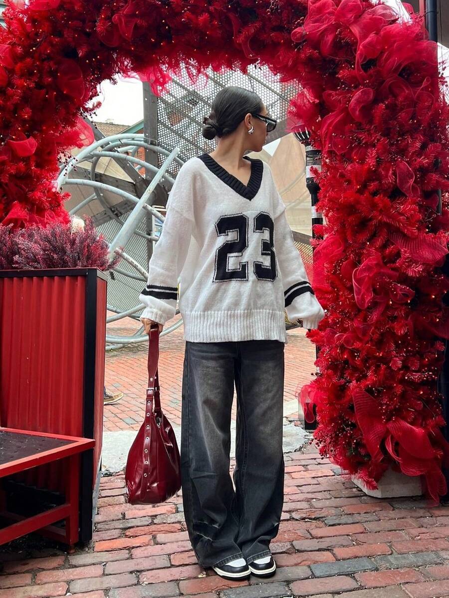 pull décontracté à col en V avec bloc de couleurs Digit 23 pour femmes HoloChill, nouveau Top polyvalent d'été décontracté - Blanc - Voir 1