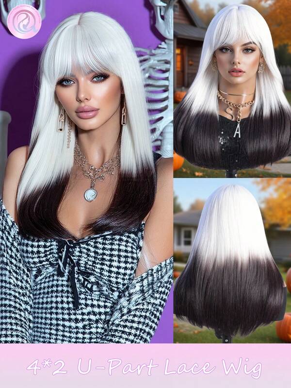 Perruque synthétique résistante à la chaleur U-Part Lace Wigs 4*2 Cheveux droits 20 pouces dégradé noir Perruque à utiliser quotidiennement pour les filles, aspect naturel, bonne qualité, synthétique doux, facile pour les débutants, fibre naturelle et belle pour les femmes, décorations d'Halloween