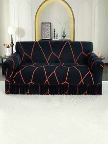 1件装印花荷叶边弹力沙发套，防尘防污，弹力全包覆式沙发保护套，家居装饰，可机洗 - 黑色 - 查看 2