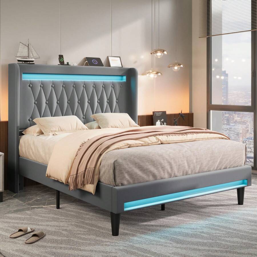 Allewie Upholstered Full/Queen/King Platform Bed Frame With LED Light And Charging Station, Button Tufted High Headboard, Wingback Design, Noise Free, Easy Assembly, No Box Spring Needed, Grey - View 1