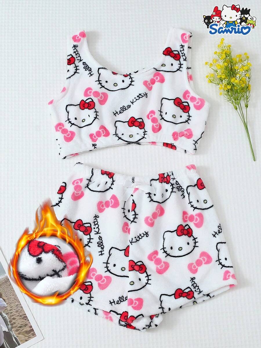 SANRIO 【居家男士】2件套正版Hello Kitty印花柔软舒适圆领背心上衣和蝴蝶结短裤睡衣套装，秋冬款 - 白色 - 查看 1