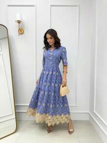 Lese Embroidered Flu Midi Dress Princess Sleeve With Functional Button Little Flowers Embroidery Button Buttons On The Front Ruffle Hem Dress Beach Wedding Spring / Summer - Màu xanh lam - Xem 1