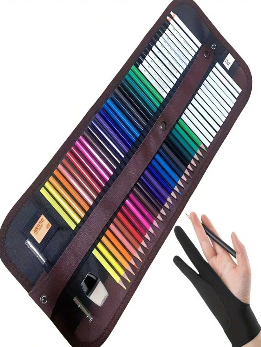 41 Stücke Skizzen-Zeichnen Buntstift-Mix Set, Kunst-Zeichnen Bleistift-Set beinhaltet 24 Buntstifte, 5 HB Bleistifte, 5 2B Bleistifte, Stifteetui, Spitzer, Radiergummi und Handschuhe, geeignet für Künstler und Anfänger, tragbares Design für Outdoor-Malerei