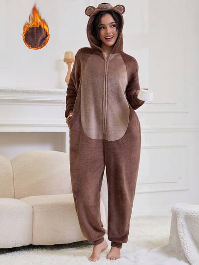 Adult Brown Bear Christmas Plush Pajamas, Warm Animal Jumpsuit For Autumn/Winter, Couple Flannel Sleepwear, Cute & Comfortable Costume