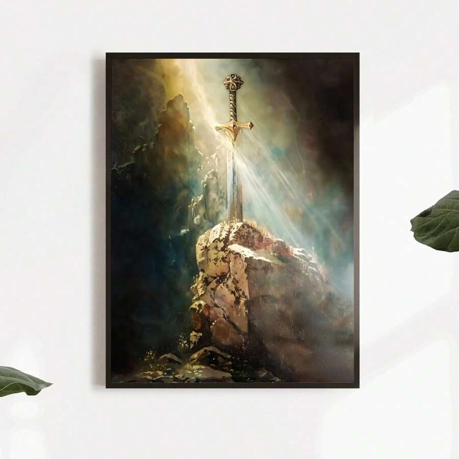 King Arthur Sword Vintage Canvas Art Poster - Retro Fantasy Oil Painting, Frameless Wall Decor For Living Room, Bedroom, Home Office - Multicolor - View 1