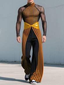 INCERUN Fashion Mens Stand Neck Striped Mesh Sheer Patchwork Long Sleeve Tops Wide Leg Long Pants Trousers Party 2PCS Sets Outfits - Màu vàng - Xem 1