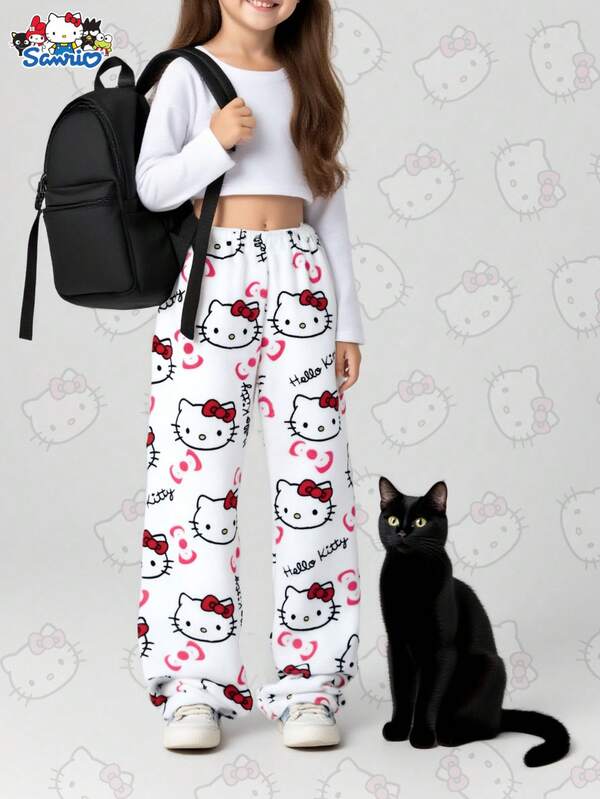 Sanrio 3 sztuki Sanrio Wygodne flanelowe spodnie piżamowe Hello Kitty - białe, piżamy noworoczne, spodnie domowe na co dzień, flanelowe spodnie na jesień/zimę, odpowiednie dla par lub przyjaciół