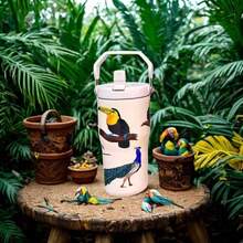 900ML  Cup Toucan Pattern Bottle With Cartoon Handle Stainless Steel Large Capacity Thermal Insulation Vacuum Car Water Cup Suitable For Sports, Wedding, Business, Home, Car, Office, Outdoor, Travel, Gifts, School And Other Festivals - 藍色的 - 查看 2