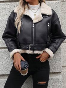 冬季女式仿羔羊皮短款夹克翻领拉链飞行员夹克飞行员外套 - 彩色 - 查看 4