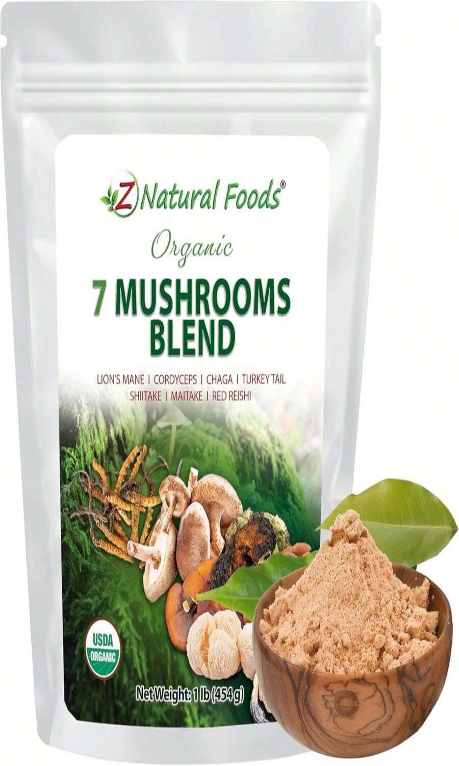 Z Natural Foods Organic 7 Sacred Mushrooms Blend - Mushroom Powder For Immune Health - Lion's Mane, Cordyceps, Chaga, Red Reishi, Shiitake, Maitake &Amp; Turkey Tail Extract For Coffee, Smoothies, 1 Lb - Trắng - Xem 1