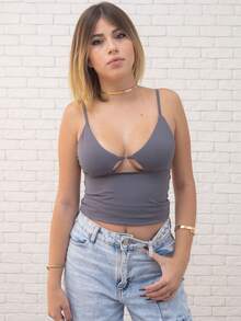 Cropped Tank Top With Plunging Neckline In Polyamide – Thin Straps And Cut-Out Detail | Sexy And Comfortable - 深灰色 - 查看 1