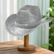 Glitter Western Cowgirl Hats With Rivet Fashionable Wide Brim Fedora Caps For Women And Men - Bạc - Xem 4