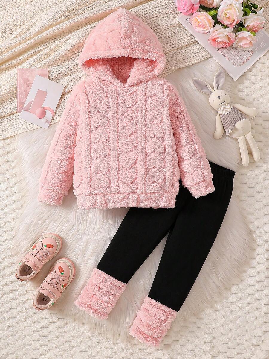 Setelan Baju Hoodie Plush untuk Anak Perempuan dan Legging Polos Kasual, Pakaian Sehari-hari untuk Musim Dingin - Berwarna merah muda - View 1