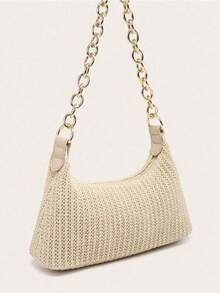 1 Pc Women's Apricot Straw Woven Metal Chain Casual Roomy Beach Vacation Style Shoulder Underarm Tote Bag, Eye-Catching Beach Bag Summer, Summer Straw Beach Bag For Women, Hottest Beach Bags For Women, Fashion Summer Vacation Bag, Beach Essentials Women Bags For Vacation & Holiday - Màu be - Xem 2