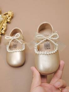 1 Pair Girls' New Fashion Elegant Minimalist Comfortable Pearl Lace Bow Decor Floral Trim Soft Slip-On Flat Princess Shoes, Suitable For Dresses, Jeans, Home, Performance, Suitable For Spring, Summer, Autumn - Champagne - View 10