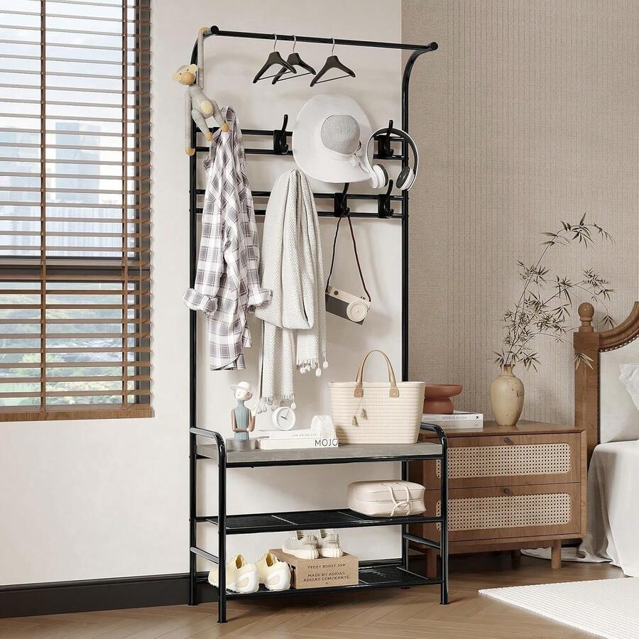CuteHairy Industrial Hall Tree With Bench & Shoe Storage Coat Rack Shoe Bench With 9 Hooks - Grey - View 1