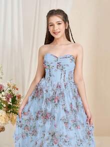ALISA&LEO Đầm dạ hội dáng chữ A không dây vai, cổ hình trái tim, dành cho tuổi teen, thêu hoa, thân áo ôm sát và chân váy xòe rộng, hoàn hảo cho các buổi dạ tiệc, đám cưới, vũ hội, các sự kiện buổi tối trang trọng. - Màu xanh lam - Xem 1
