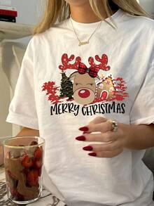 Camiseta de poliéster con estampado navideño para mujeres - Cuello redondo, manga corta, longitud regular, camiseta de estilo vacacional tejida con diseño de renos y árbol - Blanco - Ver 6