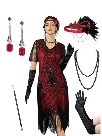 Plus Size XXXL Women's Flapper Dresses 1920s Fringed Sequin Great Gatsby Dress With 20s Accessories -Roaring 20s Costumes