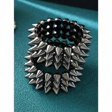 1PC Punk Style Rivet Spikes Bracelet, Unisex Silver-Color Edgy Rivet Cuff Bracelet For Everyday, Party, Music Festival Wear - Black - View 4