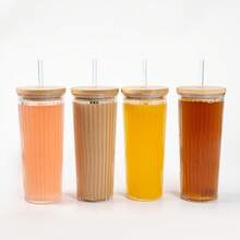 2pcs 4pcs 24oz Cute Iced Coffee Glass Cup Set With Plastic Lid And Glass Straw, Large Simple Stripe Clear Water Glass Tumbler With Bamboo Lid And Straw, Suitable For Juice Ice Cream Milk Tea, Perfect Gift - 2pcs tumbler with bamboo lid - 查看 4