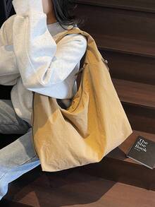 2025 New Khaki Nylon Fabric Bag, Large Capacity Solid Color Shoulder Bag, Casual Japanese Style Tote Bag, Versatile College Student Schoolbag, Minimalist Fashion Handbag, Short Trip Travel Bag, Double Zipper Side Pockets, Crescent-Shaped Bag - Màu Khaki - Xem 4
