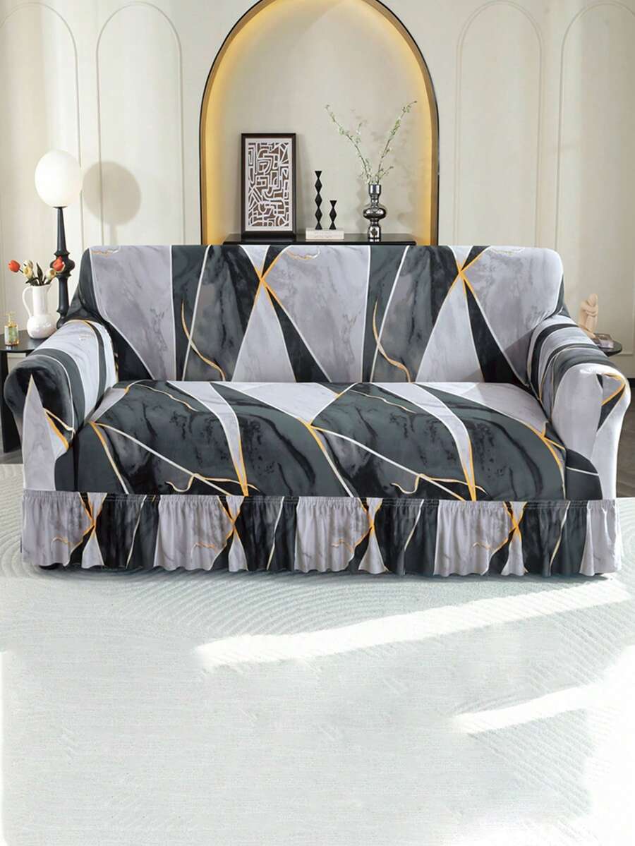 1pc Printed Ruffled Elastic Sofa Cover, Dust-Proof And Dirt-Resistant, Stretch-To-Fit Full Coverage Sofa Protector, Home Decor, Machine Washable - Grey - View 1