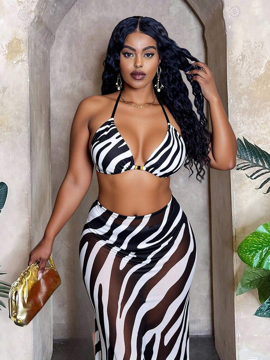 Slaydiva Bộ bikini sarong in họa tiết lấp lánh dành cho nữ cỡ lớn, đồ bơi một mảnh gợi cảm cho bãi biển, kỳ nghỉ, hồ bơi mùa hè. - Nhiều màu - Xem 1