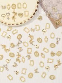 40件随机金色美甲饰品套装，包含闪亮星星铆钉、十字架、可爱行星合金美甲饰品和3D Y2K水钻美甲配件 - 金色 - 查看 2
