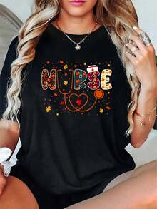 Nursing Thanksgiving Day Stethoscope Fall Nurse Costume T-Shirt -Autumn 100% Cotton Maple Leaf Printed Round Neck T-Shirt, Thanksgiving Halloween Short-Sleeved Top - Black - View 1