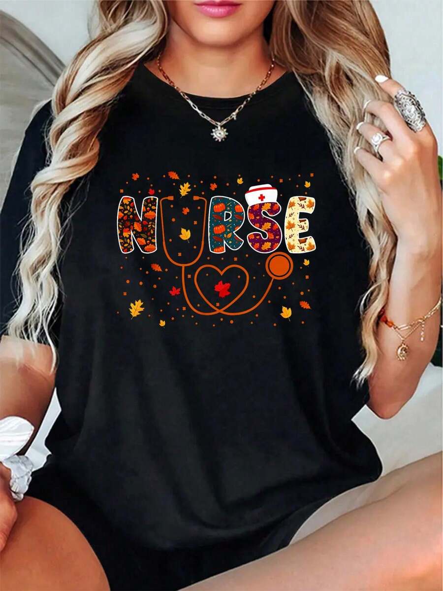 Nursing Thanksgiving Day Stethoscope Fall Nurse Costume T-Shirt -Autumn 100% Cotton Maple Leaf Printed Round Neck T-Shirt, Thanksgiving Halloween Short-Sleeved Top - Black - View 1