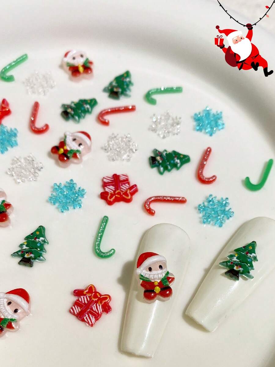 50pcs100pcsChristmas Resin Nail Decorations And Snowflake Ornaments, Santa Claus Walking Stick Gift Box Design, Used For Nail Party Decorations - Multicolor - View 1