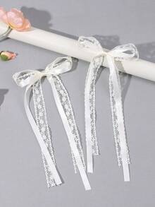2pcs Ivory Lace Bow Hair Clips, Solid Color Bow Hair Clips With Tails, Elegant White Embroidered Mesh Hair Clips, Butterfly Hair Clips For Holiday, Wedding, Party, Suitable For Teenagers - White - View 9