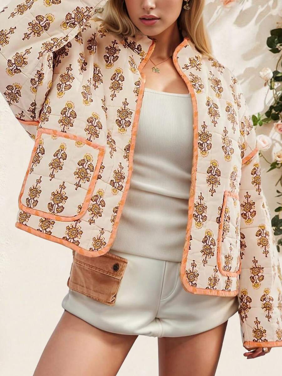 Women's Cropped Quilted Jacket Floral Printed LightWeight Padded Puffer Cardigan Coat Outwear - trái cam - Xem 1