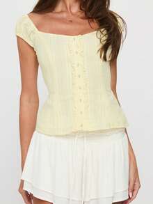 Womens Button Down Shirts Cap Sleeve Sweetheart Neck Solid Color T-Shirts Summer Blouses - Yellow - View 1