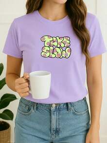Camiseta Feminina Babylook Take Slow Escrito Grafite Swag Streetwear Minimalista Estampada 100% Algodão Várias Cores Fofa Tumblr Blogueira - Roxo - Visão 2