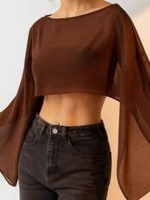 Cropped Tulle Long Sleeve Open Flowing Top - 鏽棕色 - 查看 2