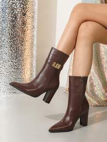 女士秋冬新款粗跟侧拉链靴，棕色金属扣法式尖头高跟骑马踝靴 - 棕色 - 查看 7