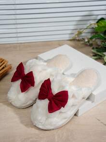 Women's Bowknot Slippers, Warm Plush Indoor Home Slippers For Autumn/Winter, Suitable For Students Dormitory