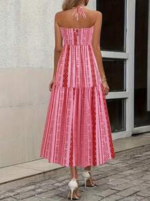 Women's Long Floral Bohemian Style Dress, Printed Halter Dress - Red - View 4