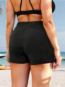 Swim Lushoire Summer Beach Plus Size Women's Adjustable Waist Tie Pocket Swim Bottom - Black - View 3