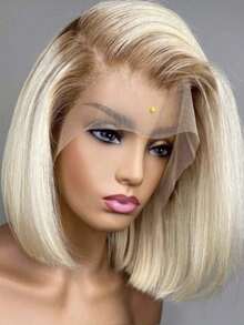 Ombre Brown Roots Ash Blonde 250 Density Short Straight Bob 13x4 HD Transparent Lace Front Wigs Human Hair Pre Plucked With Baby Hair Brazilian Virgin Blonde Bone Straight Lace Frontal Wigs For Women Natural Hairline For Daily - Bắt nguồn từ & Ombre - Xem 1