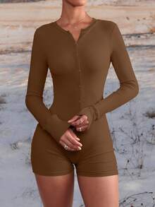 Mystra Casual Button Decor Fitted Jumpsuit, Spring/Autumn - Brown - View 8