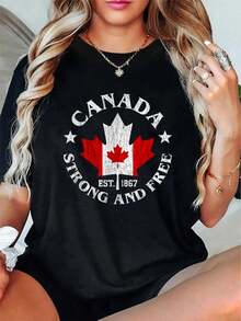 Canada Est 1867 Proud Canadian Vintage Maple Leaf Merch T-Shirt -Autumn 100% Cotton Maple Leaf Printed Round Neck T-Shirt, Thanksgiving Halloween Short-Sleeved Top - 黑色 - 查看 1
